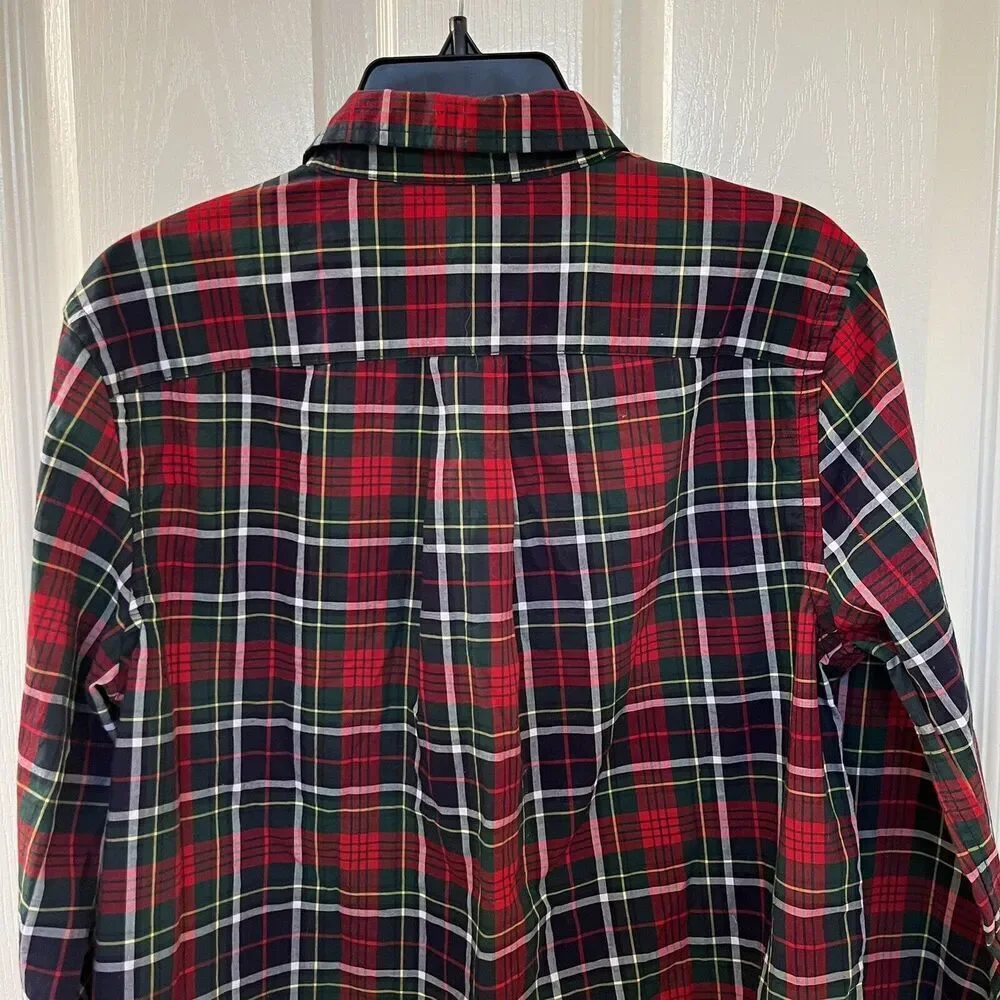 Ralph Lauren Red Green Navy Plaid Button Up Shirt Cotton Boys Size Large 14-16